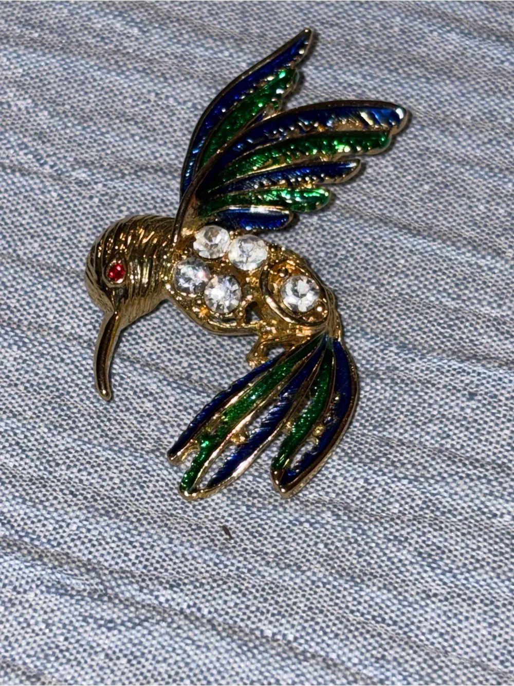 Gold-tone Blue & Green Hummingbird Bird Pin Brooch